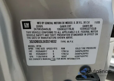 2006 Buick Rendezvous Cx из США, поврежденный, VIN 3G5DB03L56S574832